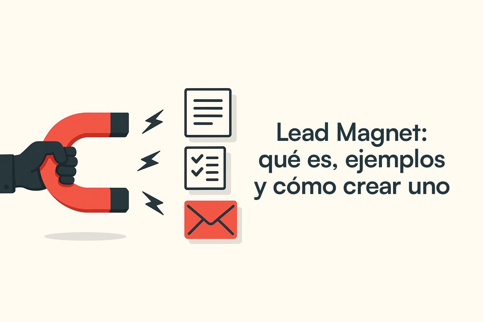 Generaci&oacute;n de leads B2B: un im&aacute;n rojo atrayendo prospectos a trav&eacute;s de elementos como formularios, correos y listas de verificaci&oacute;n, simbolizando la efectividad de un lead magnet en estrategias de marketing B2B.